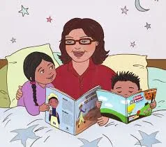 A cartoon illustration of an adult reading a picture book to two children in bed at night.