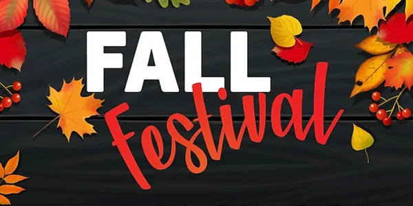 "Fall Festival", word art in white and red lettering on a dark wood background surrounded by colorful autumn leaves and red berries.