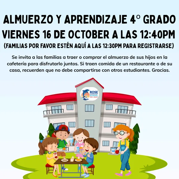Un volante de fondo azul claro con texto en negro y una ilustración animada de niños almorzando frente a un edificio escolar de dos pisos con techo rojo.