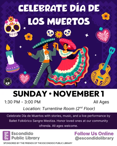 A colorful Día de Los Muertos flyer featuring two illustrated dancers in traditional Mexican folk costumes surrounded by sugar skulls, marigolds, candles, hearts, and a guitar on a purple background.
