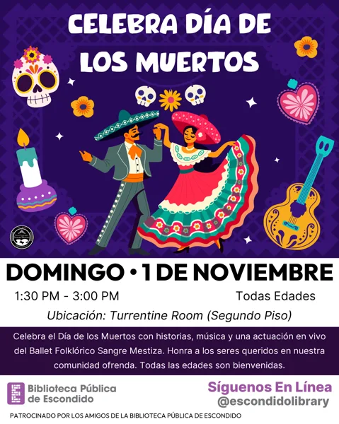 Un cartel de fondo morado con ilustraciones coloridas de calaveras decoradas, flores, velas y una pareja bailando vestida con trajes folklóricos mexicanos tradicionales.