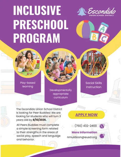 A colorful preschool program flyer showing three circular photos of young children learning with a teacher, participating in a classroom group, and playing on outdoor playground equipment.