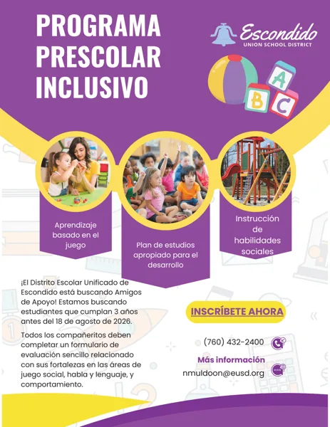 Un folleto colorido en morado y amarillo del Distrito Escolar Unificado de Escondido, con tres fotografías circulares de niños en actividades escolares y un área de juegos.